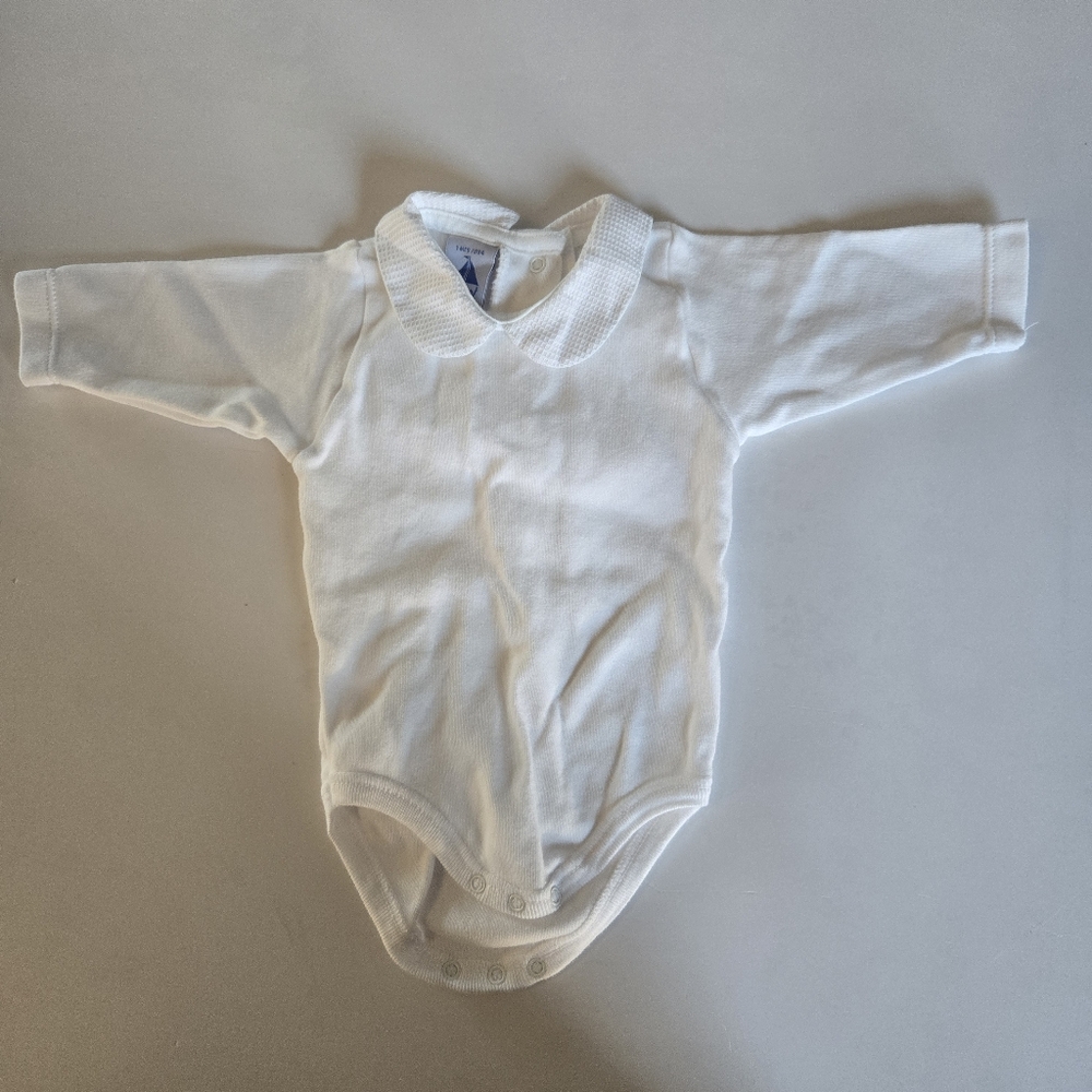 Babidu White Cotton Baby Bodysuit with Textured Collar 1m / NB